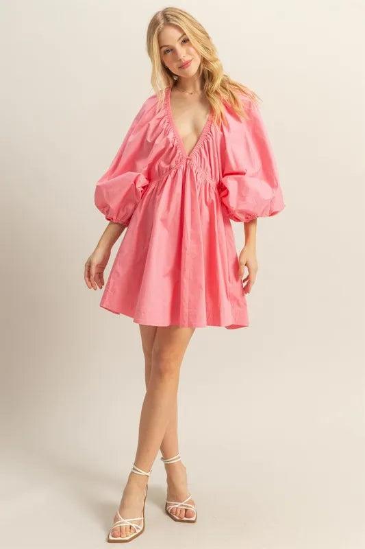HYFVE Plunge Balloon Sleeve Poplin Mini Dress with Pockets - Brittney MADE