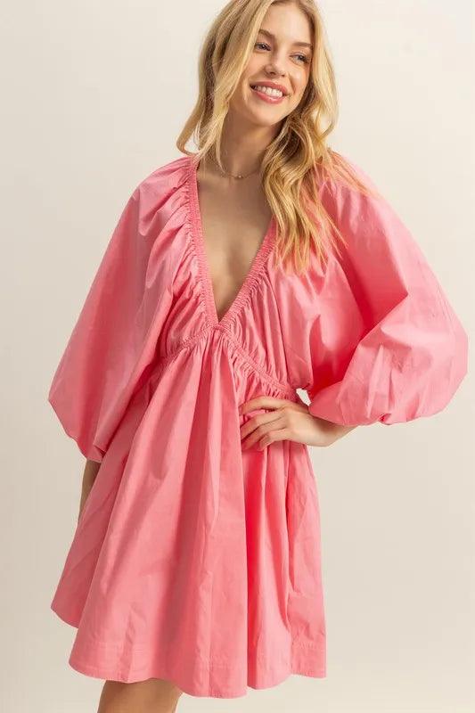 HYFVE Plunge Balloon Sleeve Poplin Mini Dress with Pockets - Brittney MADE