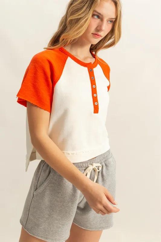 HYFVE Side Slit Contrast Half Button Short Sleeve T-Shirt - Brittney MADE