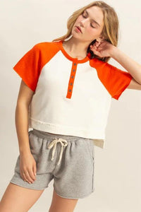 HYFVE Side Slit Contrast Half Button Short Sleeve T-Shirt - Brittney MADE