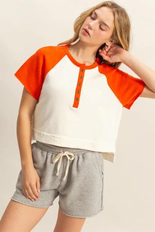 HYFVE Side Slit Contrast Half Button Short Sleeve T-Shirt - Brittney MADE