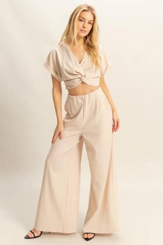 HYFVE Twisted Front Short Sleeve Top and Wide Leg Pants Set - Brittney MADE