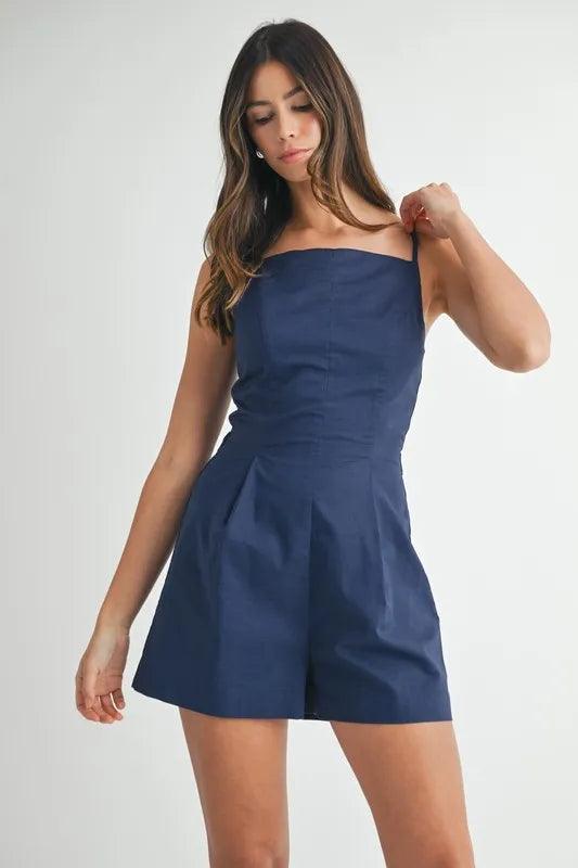 MABLE Adjustable Shoulder Strap Linen Romper - Brittney MADE