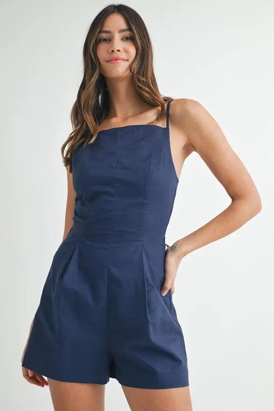 MABLE Adjustable Shoulder Strap Linen Romper - Brittney MADE
