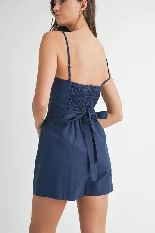MABLE Adjustable Shoulder Strap Linen Romper - Brittney MADE