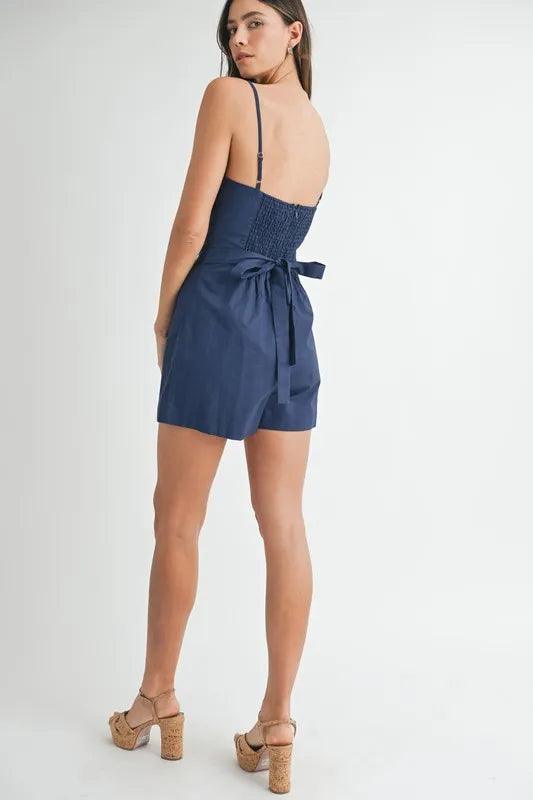 MABLE Adjustable Shoulder Strap Linen Romper - Brittney MADE