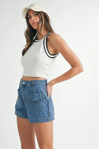 MABLE Contrast Trim Grecian Neck Cropped Tank - Brittney MADE