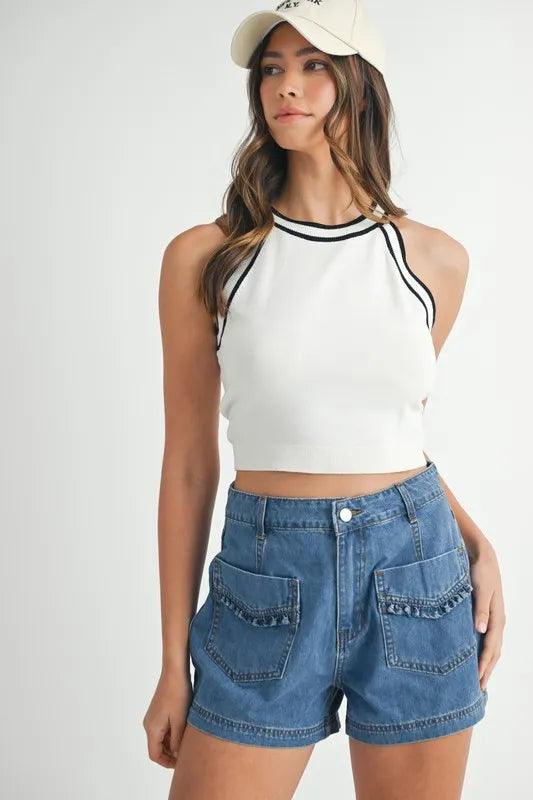 MABLE Contrast Trim Grecian Neck Cropped Tank - Brittney MADE