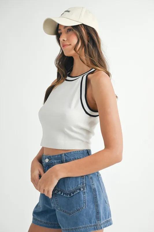MABLE Contrast Trim Grecian Neck Cropped Tank - Brittney MADE