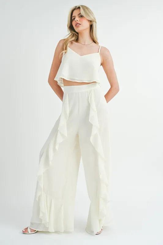 MABLE Crop Cami and Ruffled Wide Leg Pants Set - Brittney MADE