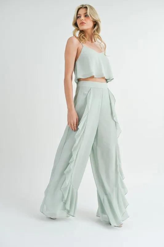 MABLE Crop Cami and Ruffled Wide Leg Pants Set - Brittney MADE