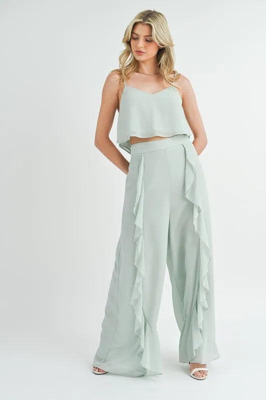 MABLE Crop Cami and Ruffled Wide Leg Pants Set - Brittney MADE