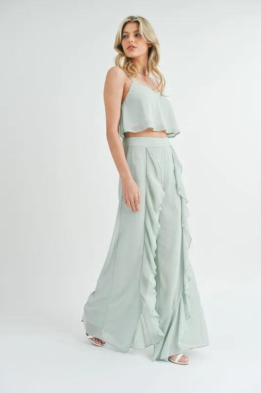 MABLE Crop Cami and Ruffled Wide Leg Pants Set - Brittney MADE