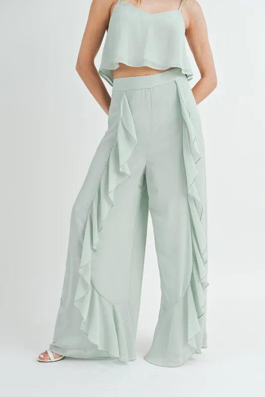 MABLE Crop Cami and Ruffled Wide Leg Pants Set - Brittney MADE