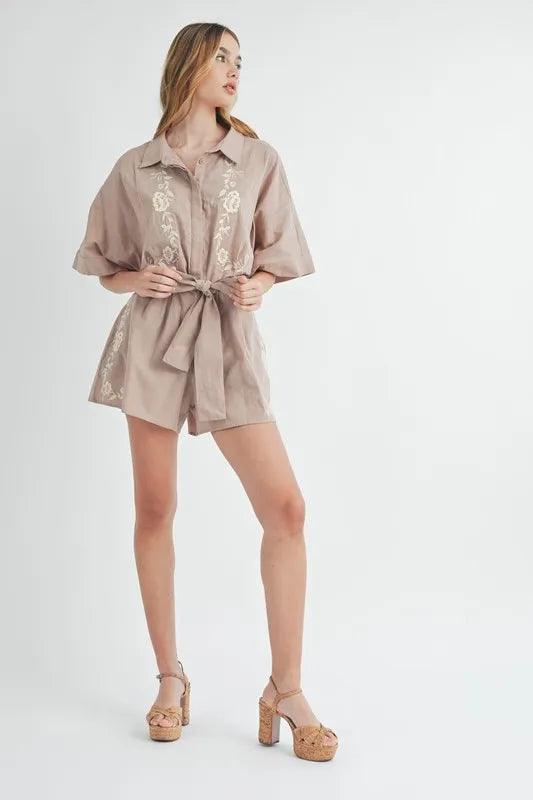 MABLE Embroidered Button Down Collared Neck Romper - Brittney MADE