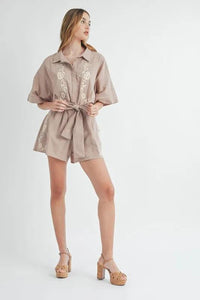 MABLE Embroidered Button Down Collared Neck Romper - Brittney MADE