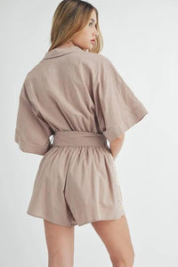 MABLE Embroidered Button Down Collared Neck Romper - Brittney MADE