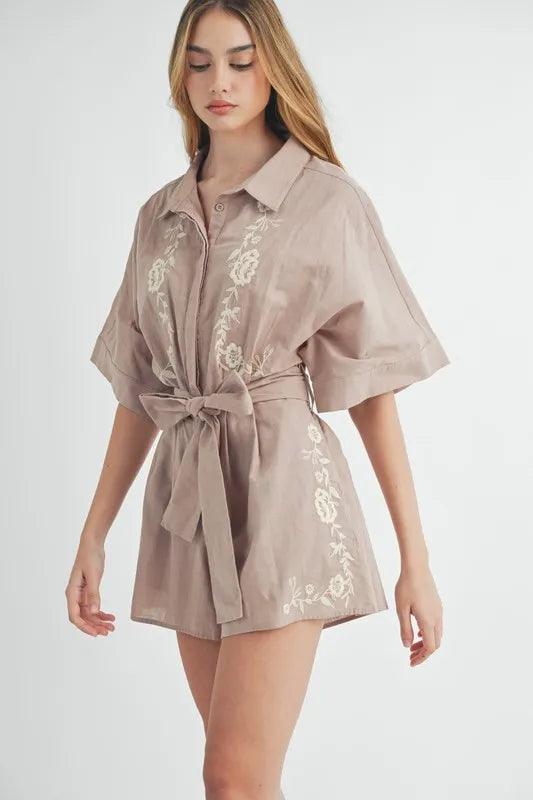 MABLE Embroidered Button Down Collared Neck Romper - Brittney MADE