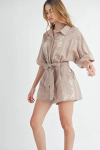 MABLE Embroidered Button Down Collared Neck Romper - Brittney MADE