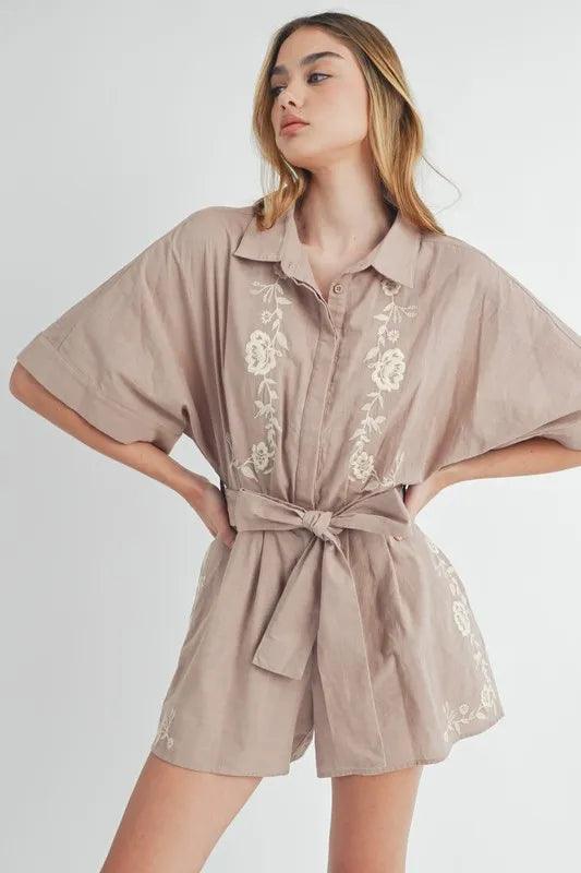 MABLE Embroidered Button Down Collared Neck Romper - Brittney MADE