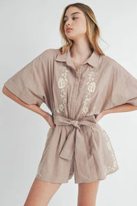 MABLE Embroidered Button Down Collared Neck Romper - Brittney MADE