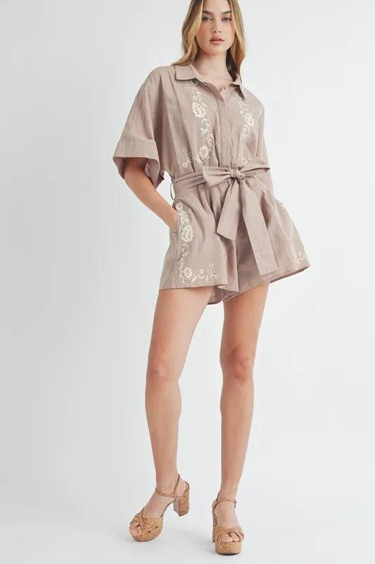 MABLE Embroidered Button Down Collared Neck Romper - Brittney MADE