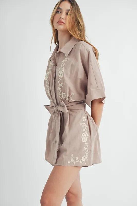 MABLE Embroidered Button Down Collared Neck Romper - Brittney MADE