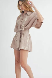MABLE Embroidered Button Down Collared Neck Romper - Brittney MADE