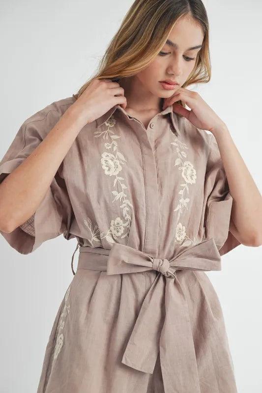 MABLE Embroidered Button Down Collared Neck Romper - Brittney MADE