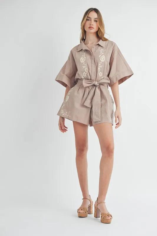 MABLE Embroidered Button Down Collared Neck Romper - Brittney MADE