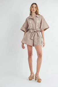 MABLE Embroidered Button Down Collared Neck Romper - Brittney MADE