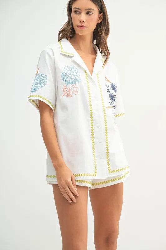MABLE Embroidered Button Down Shirt and Shorts Set - Brittney MADE