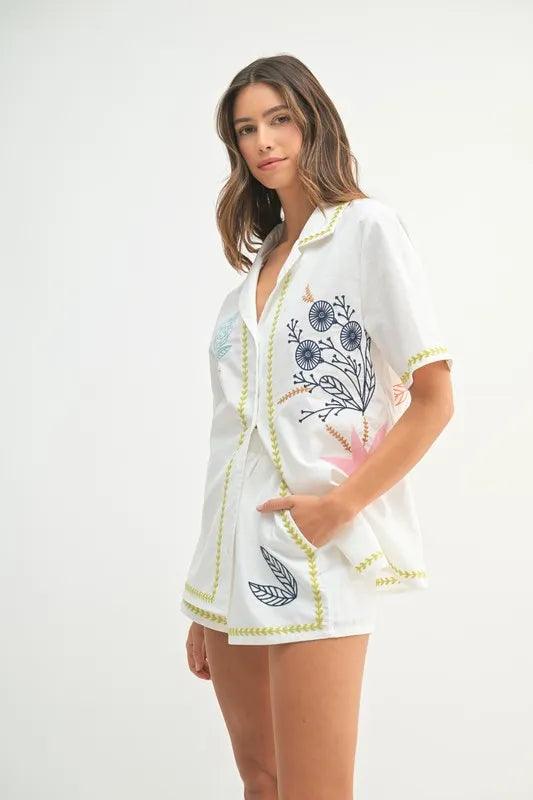 MABLE Embroidered Button Down Shirt and Shorts Set - Brittney MADE