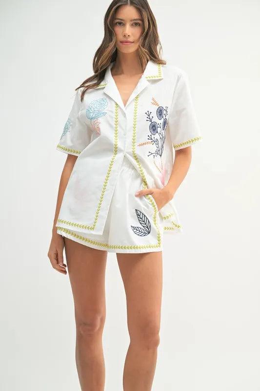MABLE Embroidered Button Down Shirt and Shorts Set - Brittney MADE