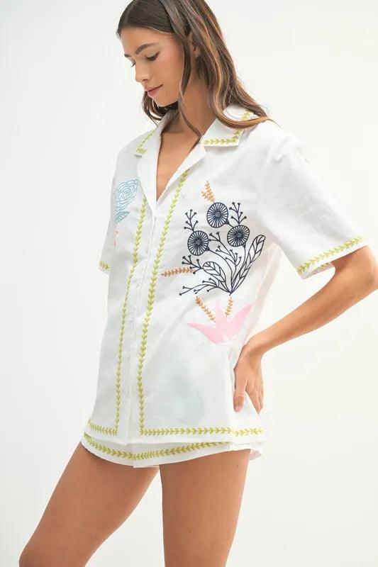 MABLE Embroidered Button Down Shirt and Shorts Set - Brittney MADE