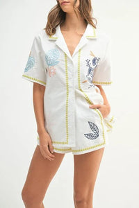 MABLE Embroidered Button Down Shirt and Shorts Set - Brittney MADE