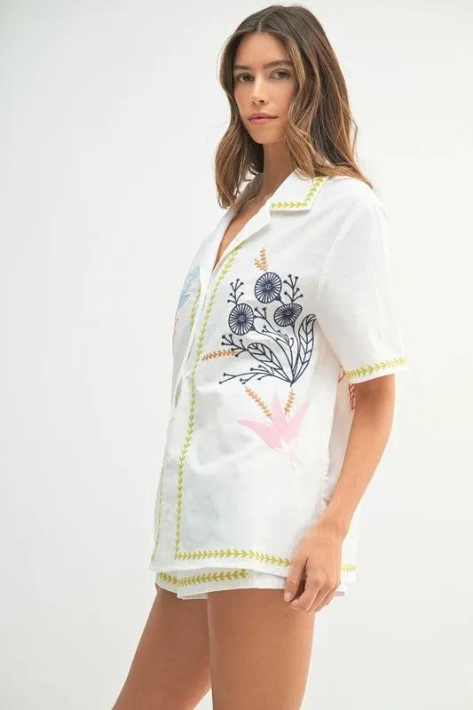 MABLE Embroidered Button Down Shirt and Shorts Set - Brittney MADE