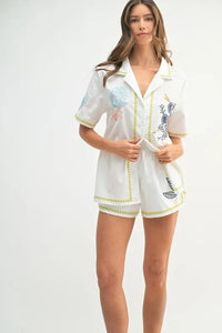 MABLE Embroidered Button Down Shirt and Shorts Set - Brittney MADE