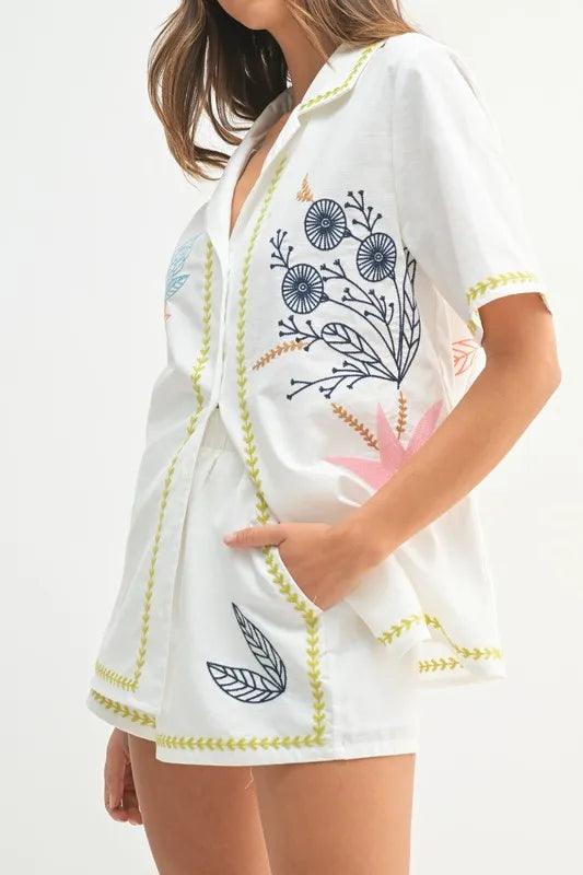 MABLE Embroidered Button Down Shirt and Shorts Set - Brittney MADE