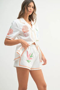 MABLE Embroidered Button Down Shirt and Shorts Set - Brittney MADE