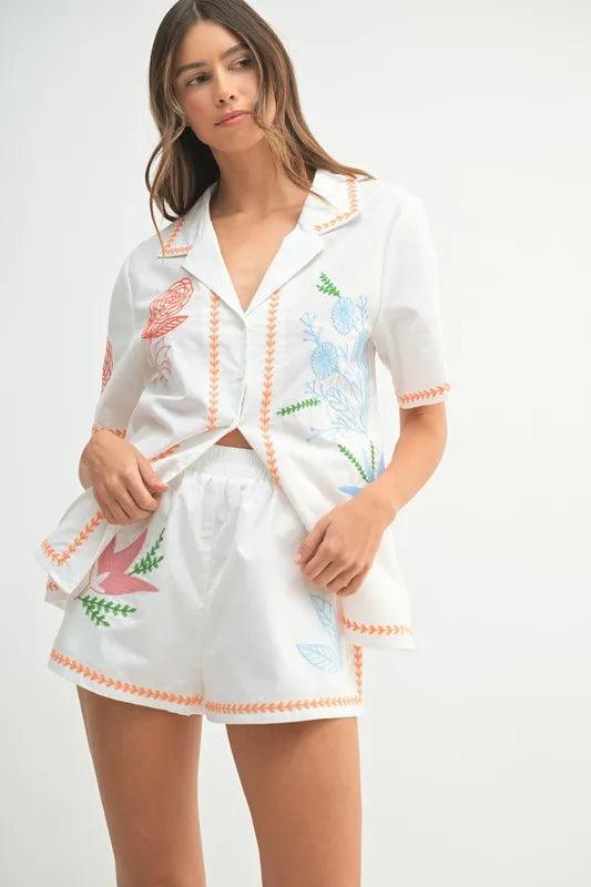 MABLE Embroidered Button Down Shirt and Shorts Set - Brittney MADE