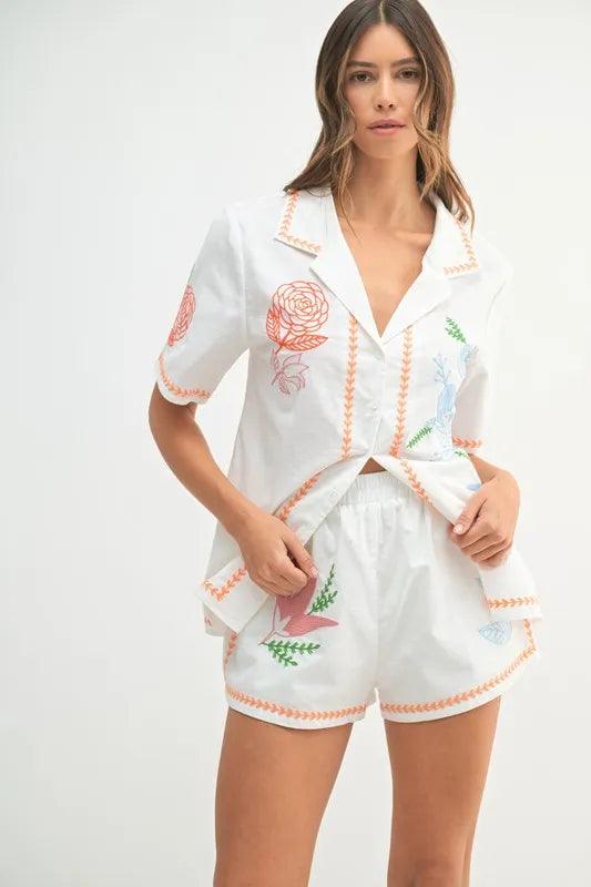 MABLE Embroidered Button Down Shirt and Shorts Set - Brittney MADE