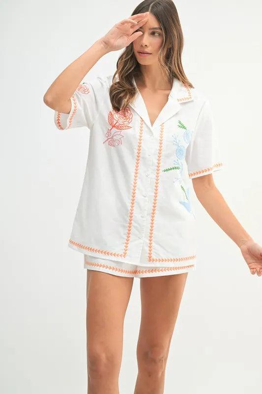 MABLE Embroidered Button Down Shirt and Shorts Set - Brittney MADE