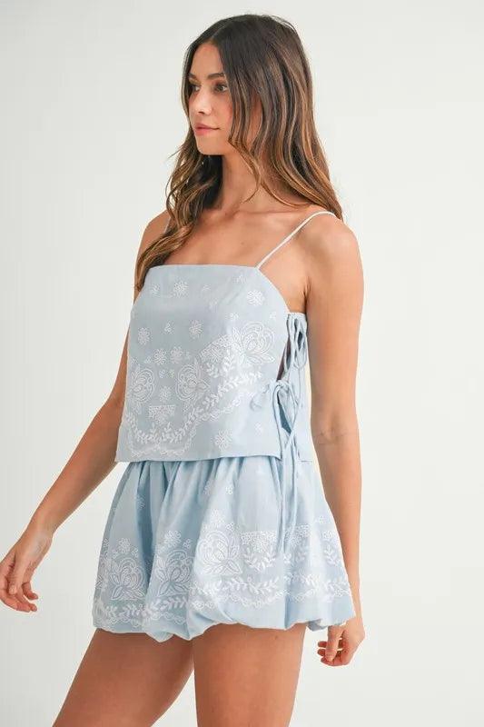 MABLE Embroidered Crop Cami and Balloon Mini Skirt Set - Brittney MADE