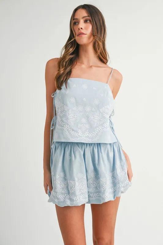 MABLE Embroidered Crop Cami and Balloon Mini Skirt Set - Brittney MADE