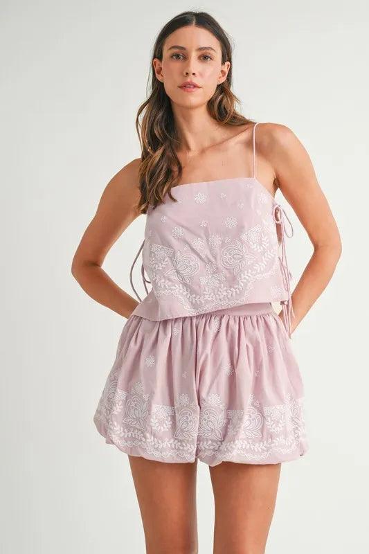MABLE Embroidered Crop Cami and Balloon Mini Skirt Set - Brittney MADE