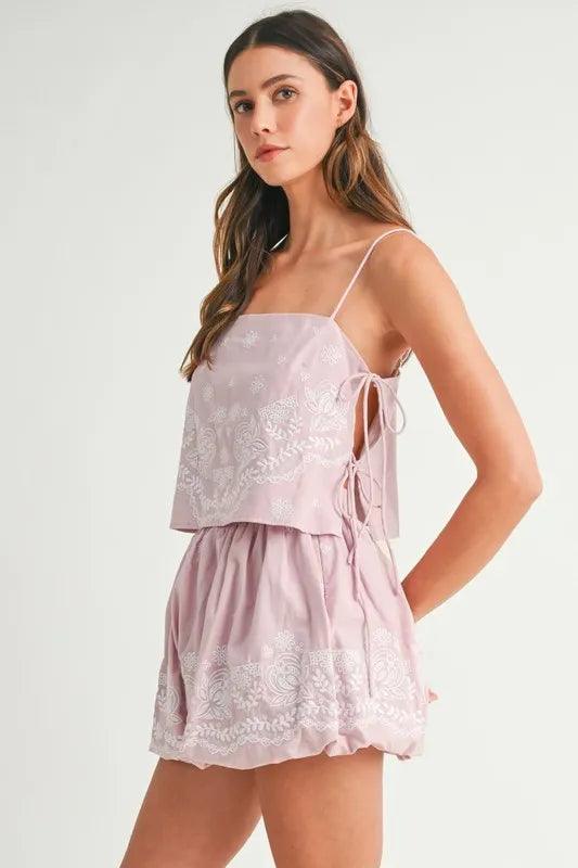 MABLE Embroidered Crop Cami and Balloon Mini Skirt Set - Brittney MADE