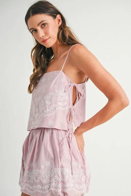 MABLE Embroidered Crop Cami and Balloon Mini Skirt Set - Brittney MADE