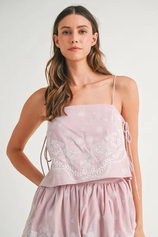 MABLE Embroidered Crop Cami and Balloon Mini Skirt Set - Brittney MADE