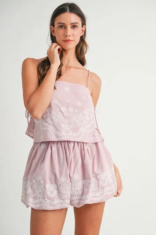 MABLE Embroidered Crop Cami and Balloon Mini Skirt Set - Brittney MADE